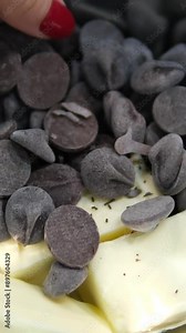 chocolate fondant making process. Step by step mixing ingredients close up Cooking chocolate fondant, pouring into molds, process