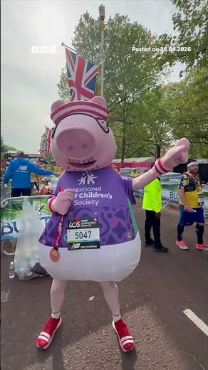 Daddy Pig crosses the finish line at the London Marathon