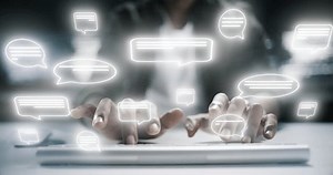 Computer hands, futuristic innovation or 3d hologram software in night office for social media app, contact us or augmented reality. Digital code, ai or PC network for Iot, blockchain or cloud info