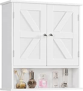 TEENFON Bathroom Wall Cabinet, Bathroom Cabinet with Barn Doors & Adjustable Shelf, Over The Toilet Storage Cabinet, Medicine Cabinet, White UNGGX001WV1