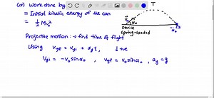 A can of beans that has mass M is launched by a springpowered device from level ground. The can is launched at an angle of α0 above the horizontal and is in the air for time T before it returns to the ground. Air resistance can be neglected. (a) How much work was done on the can by the launching device? (b) How much work is done on the can if it is launched at the same angle α0 but stays in the air twice as long? How does your result compare to the answer to part (a)? | Numerade