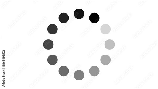 円状に並んだ丸の色が時計回りのグラデーションで変化していくローディングアイコンのアニメーション。システムやウェブサイト、データの読み込みを示すモノクロのUI