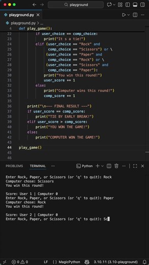 Upgraded Rock Paper Scissors in the Terminal | Python Best of 5 We're taking a simple rock paper scissors game in Python and adding a score tracker — so the game runs as a full Best of 5 match and declares an overall winner. Great for practicing loops, state management, and user input handling. Code is beginner-friendly and easy to follow along. #python #coding #programming