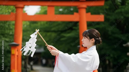 Purification ritual by a Shinto priestess in serene sunlight at traditional shrine
