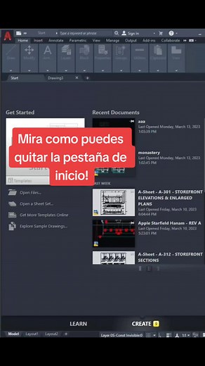 Quita la pestaña de inicio en AutoCAD fácilmente