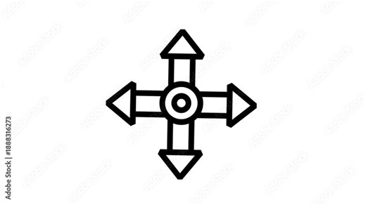 Four-way directional arrow icon animation for navigation, interface controls, movement, and global positioning system.