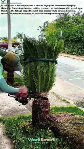 Streamlining Sago Palm Removal: Chainsaws Cut Thick Trunks for Faster Landscaping 🌴🪚 #landscaping