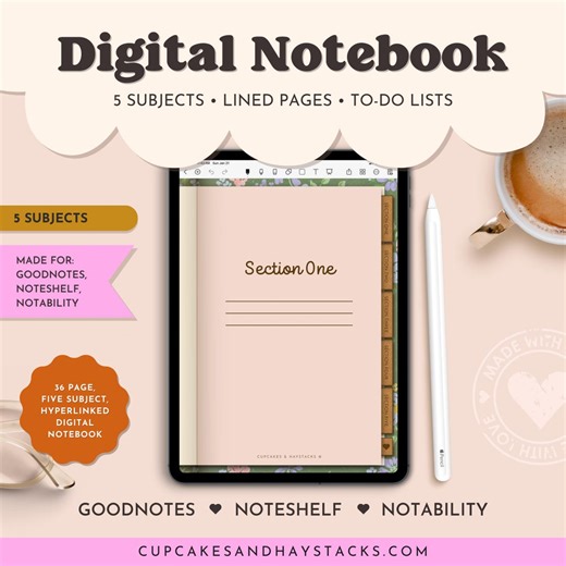 5 Subject Digital Notebook for iPad | Real Paper Style | Goodnotes, Notability & Noteshelf - Etsy