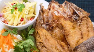 Deep Fried Sea Bass with Mango Salad - Pla Krapong Tod Nam Pla