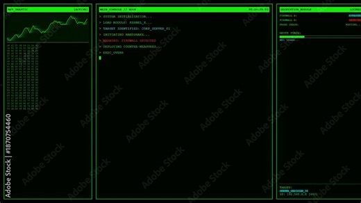 Retro green hacker terminal with scrolling code and progress bars. Features a "Root Access" alert followed by a realistic CRT monitor shutdown effect collapsing into a white dot.