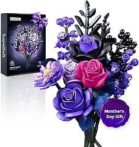 iATOM Flower Bouquet Building Set, Purple Roses Botanical Collection Kits for Adults Women, Gift for Mothers Day for Her/Mom/Girlfriend/Wife/Couple, Gothic Modern Home Room Office Table Decor