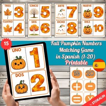 Fall Pumpkin Numbers Matching Game in Spanish (1–20)  Autumn Counting Flashcards