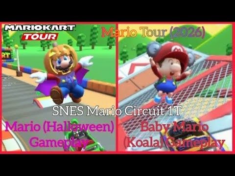 SNES Mario Circuit 1T: Mario (Halloween) & Baby Mario (Koala) Gameplay | Mario Kart Tour