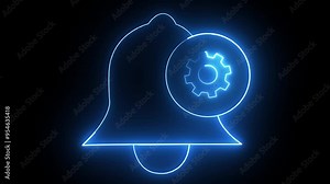 Notification Rolling with setting icon. Blue color neon glowing Notification Icon with Black Background. 4k Animation. Abstract glowing neon line Notification bell icon with settings Stock Video