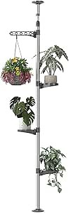 Hershii 5-Layer Indoor Plant Stand Pole Spring Tension Rod Corner Flower Display Rack Holder Adjustable Telescopic Floor to Ceiling Shelf Space Saving - Grey