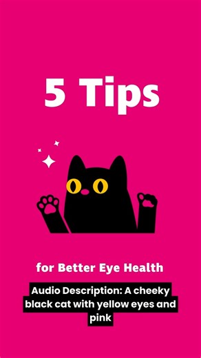 It’s really important to look after your eyes. Our cat friend, Iris, is here to share their top tips for better eye health 😸 For more tips visit: rnib.in/LookingAfterYourEyes [Video description and transcript: Scene one - “Here are our 5 tips for better eye health. A cheeky black cat with yellow eyes and pink nose appears on screen and holds up five toes. Scene two - Number 1: Regular eye tests. An eye chart with letters in descending size unfurls on screen. You should get your eyes tested at l