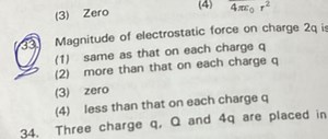 (3) Zero(4) 4 \pi x _ { 0 } r ^ { 2 }Magnitude of electrosta... | Filo
