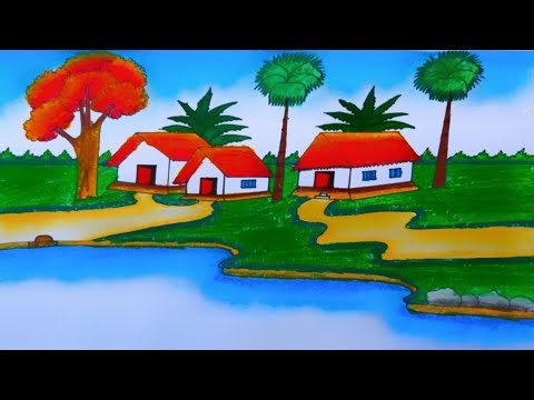 Easy Village Scenery Drawing | Pastoral Landscape Art for Beginners | Pastoral Lens