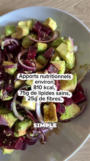 Ingrédients pour une personne en perte de poids : \t•\t1/2 avocat \t•\t1 petite betterave \t•\t1/2 d’oignon rouge \t•\t1 cuillère à soupe d’huile d’olive \t•\t1 cuillère à café de vinaigre balsamique \t•\tUn filet de jus de citron et une pincée de sel L’avocat contient des graisses saines et fibres pour rester rassasié plus longtemps et soutenir tes muscles. La betterave contient des nitrates et glucides naturels pour booster ton énergie, améliorer l’endurance et aider à la récupération après l’