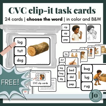 FREE | 24 task cards with realistic watercolor images | clip the CVC word