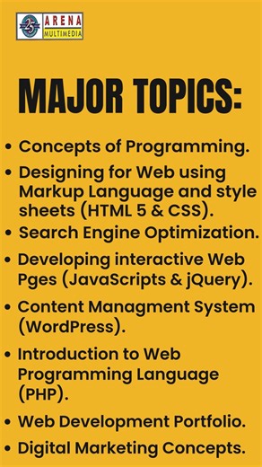 Arena Multimedia offers a comprehensive 6-month Web Designing course designed to equip students with the essential skills required to create visually appealing and functional websites. come and join us. 𝐄𝐧𝐫𝐨𝐥𝐥 𝐲𝐨𝐮𝐫𝐬𝐞𝐥𝐯𝐞𝐬! 𝐀𝐝𝐦𝐢𝐬𝐬𝐢𝐨𝐧𝐬 𝐚𝐫𝐞 𝐨𝐩𝐞𝐧 𝐟𝐨𝐫 𝐧𝐞𝐰 𝐛𝐚𝐭𝐜𝐡𝐞𝐬: Admissions are open for short courses (i.e. Digital Illustration, Digital Painting, Audio and Video Editing, Photography, Ms Office, AutoCAD, 3DMaya and 3DMax). and career courses (i.e Graphic De