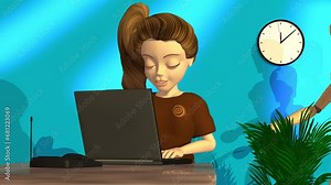 3d animation, one cartoon character typing on her laptop and a puppet carrying a computer screen
