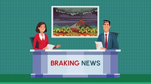 Download Live Breaking news cartoon news anchor and reporter on the desk TV studio background animation for free