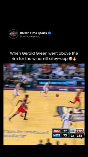Ethan Streim on Instagram: "This dunk by Gerald Green was incredible 😳🔥 Gerald Green’s windmill alley-oop dunk against the Houston Rockets has become an iconic NBA highlight. On March 10, 2012, while playing for the New Jersey Nets, Green received a lob from teammate MarShon Brooks and elevated dramatically above the rim before finishing with a powerful windmill slam. The play was so impressive that many fans and analysts still rank it among the top alley-oop dunks in NBA history. What made th