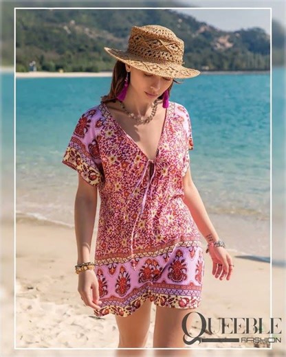 Printed V-Neck Short Sleeve Romper