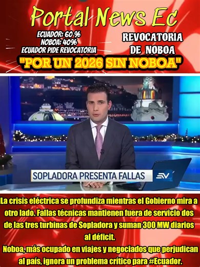 La crisis eléctrica se profundiza mientras el Gobierno mira a otro lado. Fallas técnicas mantienen fuera de servicio dos de las tres turbinas de Sopladora y suman 300 MW diarios al déficit. Noboa, más ocupado en viajes y negociados que perjudican al país, ignora un problema crítico para #Ecuador. #Healthbird. #viralvideo #NOBOAASESINO #viraltiktok #noboamentiroso #noboaasesino #noboarevocatoria #fueranoboa #casochevronecuador #noboanarcodelincuente #3palosinvertidos #casoporsche #carceldelencuen