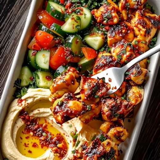 Spicy Garlic Chicken Bowl with Hummus & Cucumber Salad Ingredients: 2 chicken breasts, diced 1 tablespoon olive oil 2 garlic cloves, minced 1 tablespoon tomato paste 1 tablespoon honey 1 teaspoon chili flakes 1 tablespoon lemon juice Directions: Preheat the Pan: 1.1. Heat a large skillet over medium heat and add the olive oil. Cook the Chicken: 2.1. Add the diced chicken to the skillet and cook until it starts to brown, about 5-7 minutes. 2.2. Stir in the minced garlic and cook for another minut