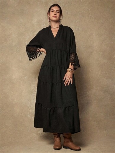 Freevana Robe élégante pour femmes grandes tailles, col V, patchwork en dentelle, manches évasées | SHEIN