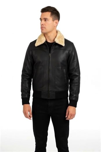 Premium Men’s Black Leather Bomber with Detachable Fur Collar | Winter Luxe by Zellberry