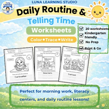 Daily Routine & Telling Time Worksheets | Color, Trace & Write | Kindergarten Mo