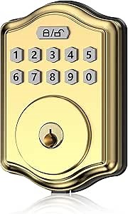 Guardian Keypad Deadbolt Lock with One-Touch Lock, Passcode Unlock, Smart Lock, Waterproof, Weather Resistant, Auto-Lock, 300 User Access Codes, Gold Color