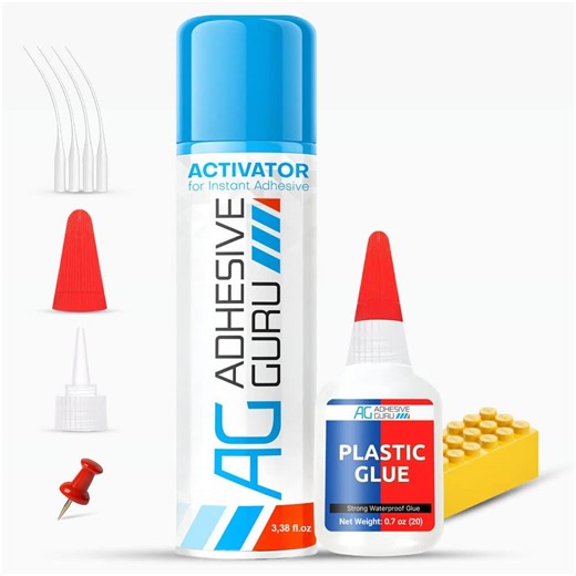 AG ADHESIVE GURU AG Plastic Glue 0.7 oz. with Activator Spray 3.38 fl oz.-Clear Fast Drying CA Super Glue Set for DIY Plastic Repairs adgr_plstc_glue_1pk_AG210A_SET - The Home Depot