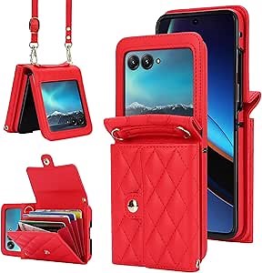 Premium Leather Wallet Case for Motorola Razr 2024 with Crossbody Strap, RFID Blocking, Magnetic Close, Red