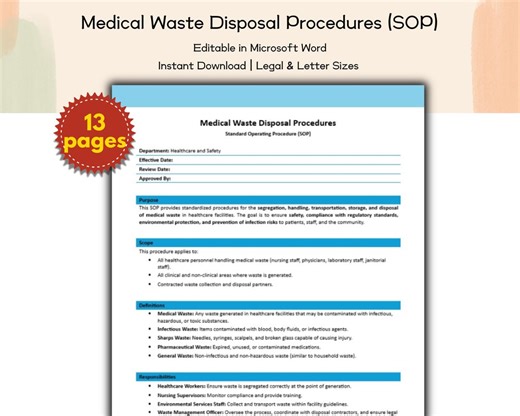 Medical Waste Disposal Procedures SOP Editable and Printable Template, Healthcare and Safety Standard Operating Procedure, Hospitals, Clinic - Etsy