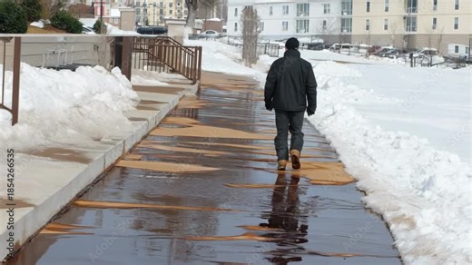 Footage of liquid deicing solution spreading evenly across a frosty pathway highlighting effective ice prevention methods