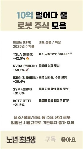 10억 벌어다줄 로봇 주식 모음 #주식 #투자 #재테크 #노후준비