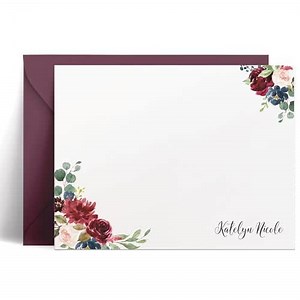 Personalized Note Cards with Envelopes, Flat Cards with Name for Women, Navy Burgundy, Pink & Green Flowers Custom Notecards Stationery Gift Set - Personalized Stationery Set - Burgundy Florals Flat