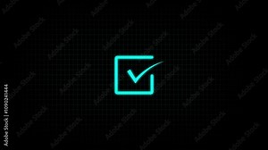 Check mark verified selection, approve and confirm sign in rectangle. Check mark symbol with square box. Glowing check mark animation icon.