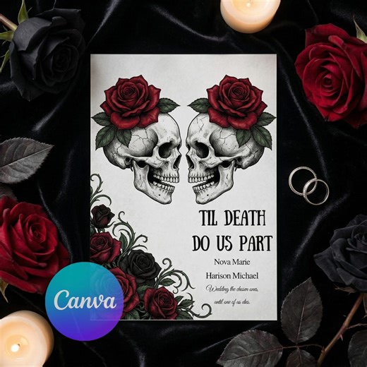 Gothic Wedding Invitation Template | Til Death Do Us Part | Skull & Red Roses Wedding Invite | Dark Romantic Canva Template - Etsy