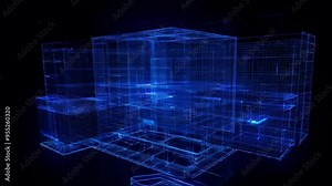 An animated 3D hologram represents a digital environment with interactive elements, showcasing a futuristic design.