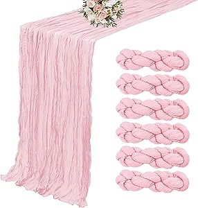 6 Pack Cheesecloth Table Runner - 35x120 Inch Light Pink Boho Gauze Table Runner, 10FT Pink Cheesecloth Runners for Tables Baby Shower Wedding Party Bridal Decor