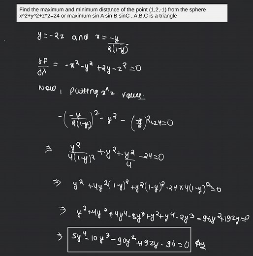 Find the maximum and minimum distance of the point (1,2,-1) fro... | Filo