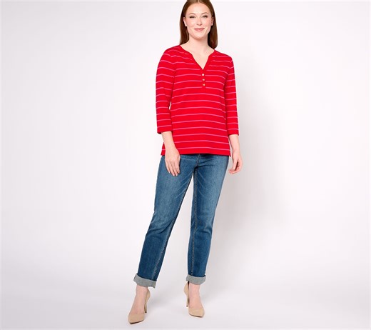 Isaac Mizrahi Live! Essentials Yarn Dye Stripe or Solid Henley - QVC.com