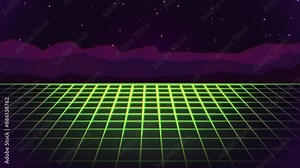 A retro 80s computer screen with a grid pattern, set against a picturesque night sky backdrop of stars and mountains. Nostalgia meets nature