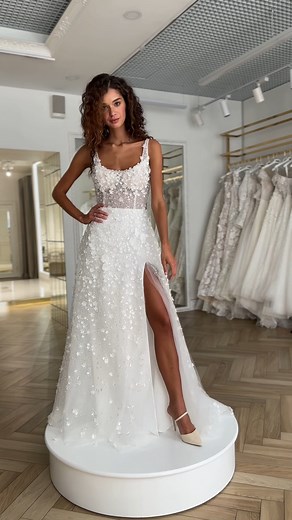 This stunning #MillaNova PROXIMA✨ wedding dress features a square corset bodice fully covered in sparkly sequins and small flowers allover with a daring high slit. Discover the style: https://bit.ly/3TLTyxJ #HongKongWedding #HKWedding #租婚紗 | DBR Weddings | Facebook