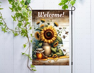 Welcome Garden Flag PNG Sublimation Design Yard Flag Decor, Sunflower Honey Bees Wood Rustic Country Sign Welcome Garden Flag Png Digital - Etsy